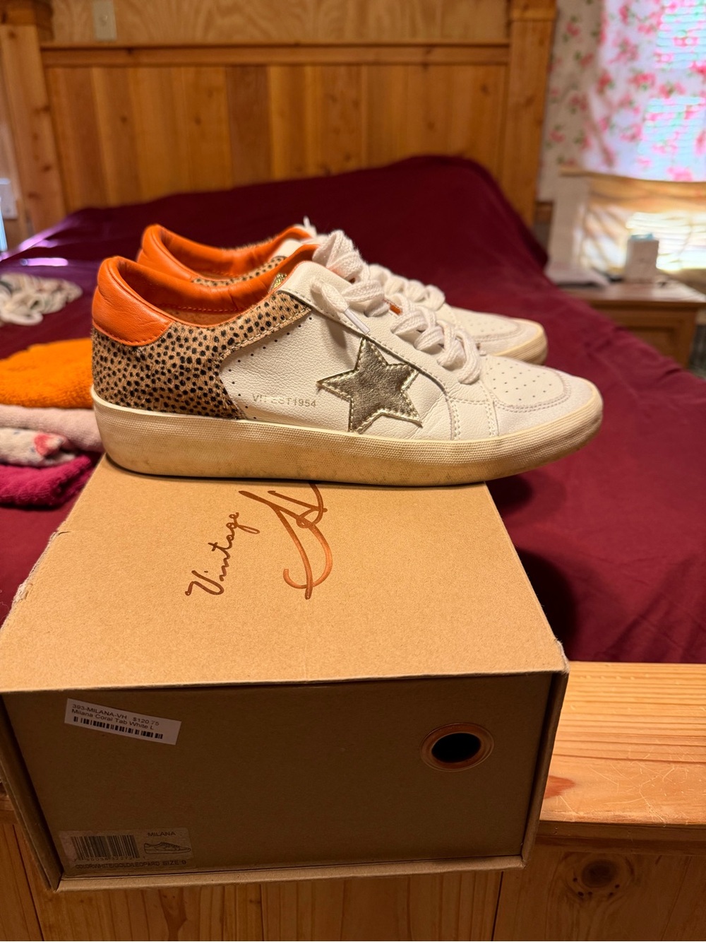 Vintage Havana White Sneakers with Orange Heel & Metallic Star